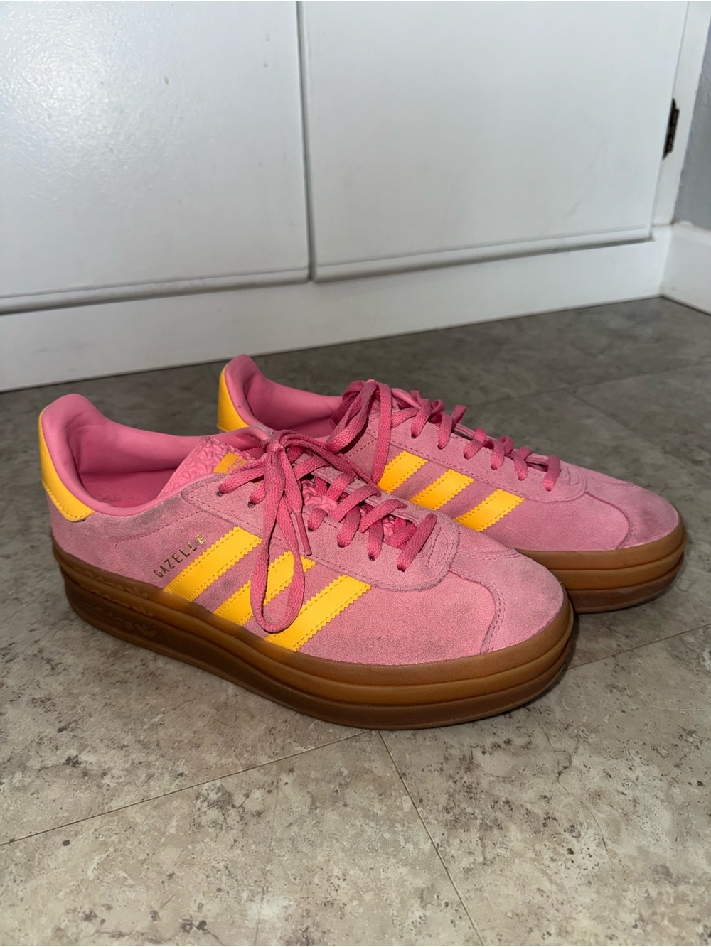 adidas Pink Suede Platform Sneakers with Yellow Stripes